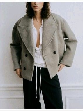 💖 ZARA Cropped Oversized  Double-Breasted Peacoat